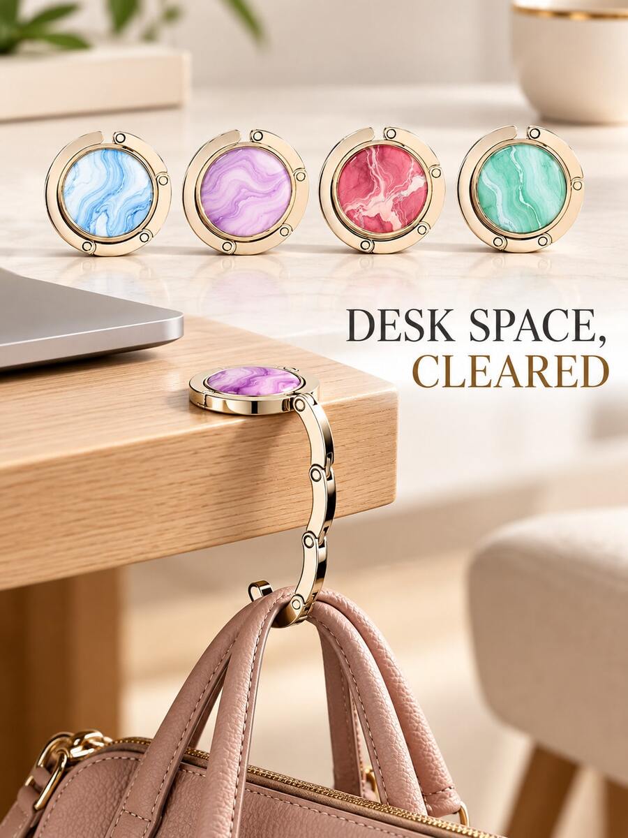 Elegant Round Marble Pattern Design With Glossy Metal Details, Portable Foldable Metal Desktop Bag Hook, Student Handbag Hook And Bag Charm, Suitable For Classroom Desk, Cafe, Office, Travel, Birthday Gift, Key Holder - Multicolor - View 1