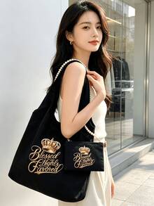 女款肩背包，皇冠 Blessed And Highly Favored 印花單肩斜挎包，休閒風格，適合日常通勤、購物、校園旅行、短途旅行，可收納手機、化妝品、個人物品，適合作為生日禮物、節日禮物送給好友、姊妹、女友，復古金色皇冠字母圖案，日常出行 - 彩色 - 查看 6