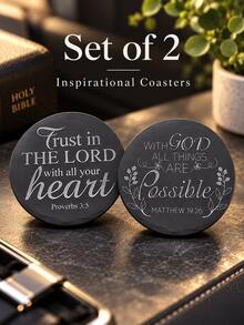 A Gift Suitable For All Four Seasons, 2pcs/Set Of Faith-Inspired Style - Round Coaster - Bible Proverbs / Matthew Text + Minimalist Plant Pattern - Car Coaster / Anti-Slip And Heat Insulation Pad / Faith-Themed Decorative Pad - A - View 6
