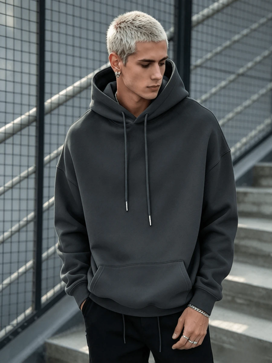Simple Studio | Men's Solid Color Drop Shoulder Long Sleeve Drawstring Pocket Casual Hoodie, Autumn/Winter, Back To School Season