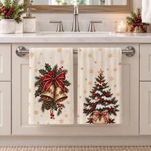 2pcs Christmas Kitchen Hand Towels, Christmas Tree Bell Pine Cone Bow Snowflake Print Towels, Holiday Kitchen Decor, Winter Home Decoration, Christmas Gift Set - Multicolor - View 1
