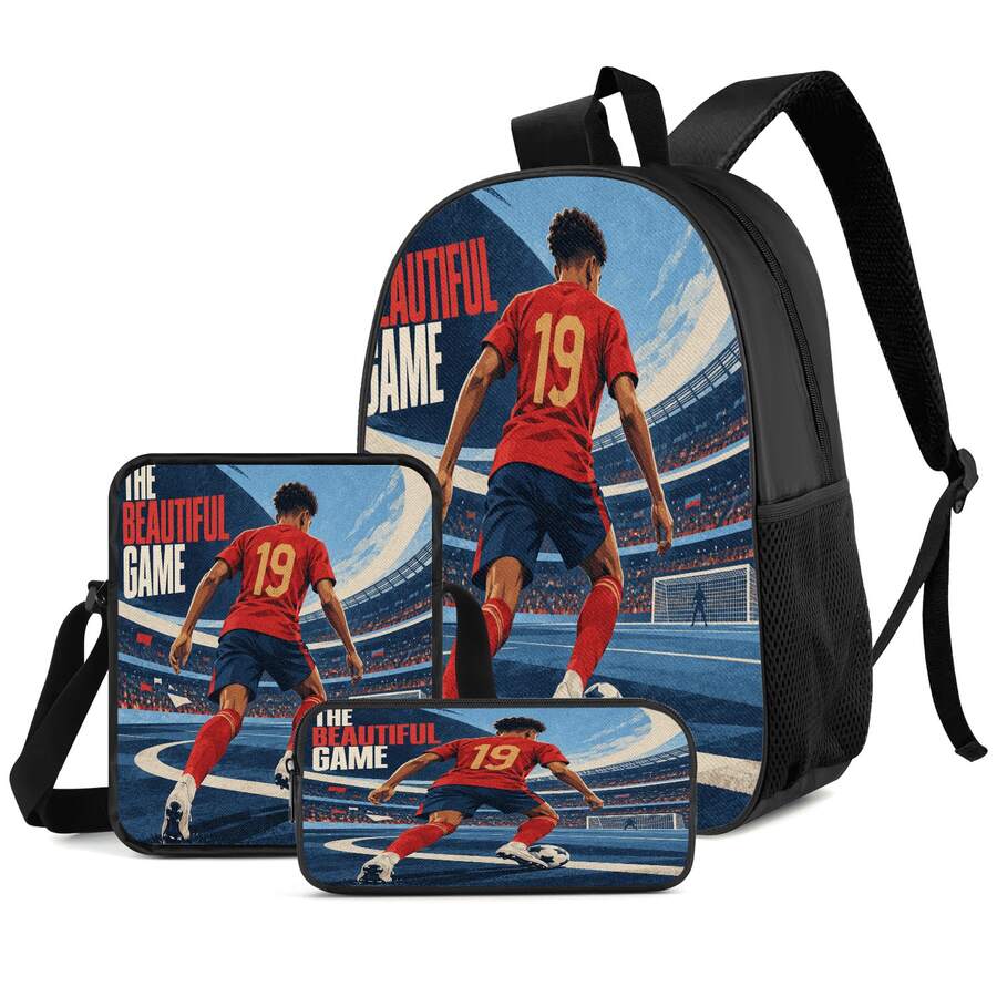 Poster Style #19 Player Print 3 Pieces Set Large Capacity Backpack + Crossbody Bag + Pencil Case, Adjustable Breathable Shoulder Straps, Classic Sports Style Fan Game Day Commute Storage Set - Printed Bag - View 1