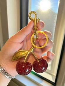 1pc Unique Shiny Cherry Shaped Pendant, New Cherry Crystal Pendant, Keychain Pendant, Cherry Decor Keychain With Ring, Shiny Resin Product, Suitable As Bag Accessory, Suitable For Women Handbag - Multicolor - View 2