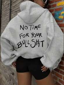 Women's Fashion Autumn/Winter Hooded Sweatshirt, Printed With "No Time For Your" Text, Soft And Comfortable, Fleece Autumn/Winter Top Casual Fall - Grey - View 1