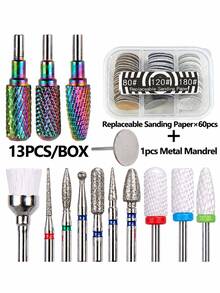 13Pcs Nail Drill Bits Set With 60Pcs Replacement Sandpaper Discs, 25mm Metal Nail Bit, Cuticle Dead Skin Remover For Acrylic Gel Nails, Manicure Pedicure Kit For Salon & DIY Home Use - Multicolor - View 12