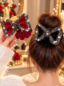 Velvet Bow Hair Scrunchie, Star Rhinestone Ponytail Holder, High Quality Hair Accessory For Women, Great For Daily Look, Party, Fall & Winter - Multicolor - View 4