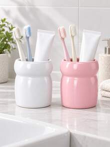 1pc Pink & White Toothbrush Holders, Rounded Bathroom Countertop Organizers For Toothbrushes And Toothpaste - Multicolor - View 6