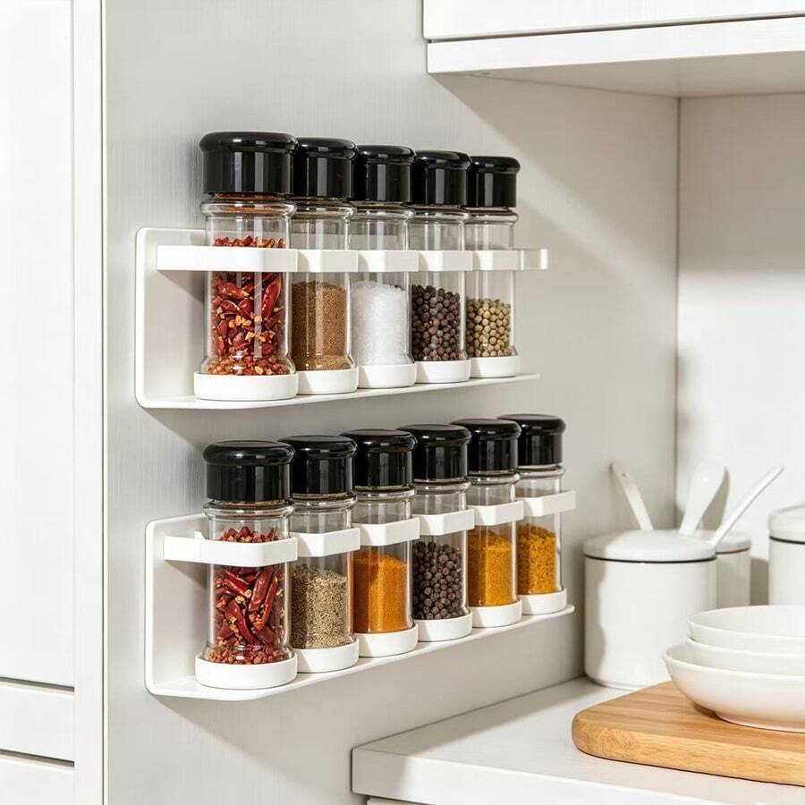 5/10 piezas Estante de almacenamiento de frascos de especias de plástico sin perforar, caja de almacenamiento de cocina montada en la pared, estante de botellas de especias montado en la pared autoadhesivo, se puede cortar y combinar, utensilios de cocina pequeños y de cocina de RV - Ver 1