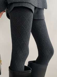 Women's Autumn/Winter Diamond Pattern Knitted Tights, Soft Breathable High Elasticity Knitted Stockings, Fitted Elastic Waist Geometric Pattern Hosiery, Comfortable Textured Tights, Suitable For Daily Commute, Casual Wear In Cold Weather - Multicolor - View 9