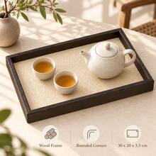 Wooden Frame Textured Leather Lining Black Edge White Bottom Rectangular Decorative Tray, Indoor Teacup Holder, Bathroom Toiletries Storage Tray, Kitchen Food Serving Platter, Living Room Coffee Table Snack Organizer, Bedroom Jewelry Display Tray - Multicolor - View 10