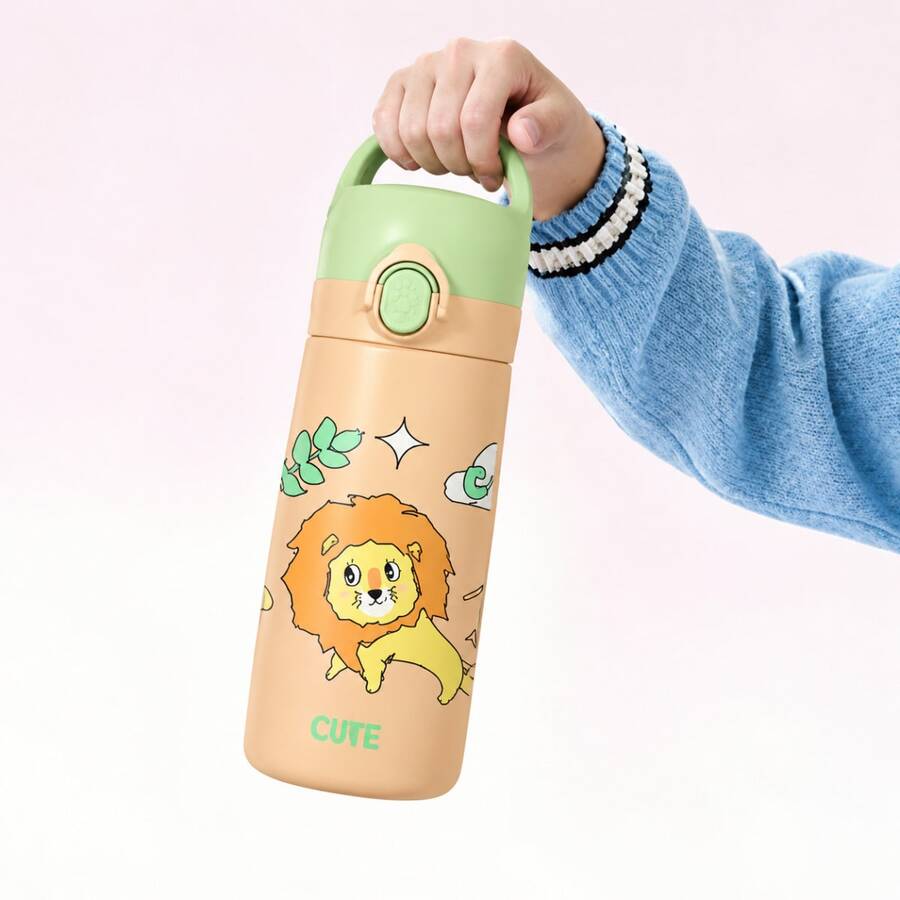 QWE 480ML 316 Stainless Steel Insulated Water Bottle With Tritan Direct Drinking Lid, Cartoon Design, Portable Handle, Ideal For Kindergarten And Elementary School Students - Apricot - View 1