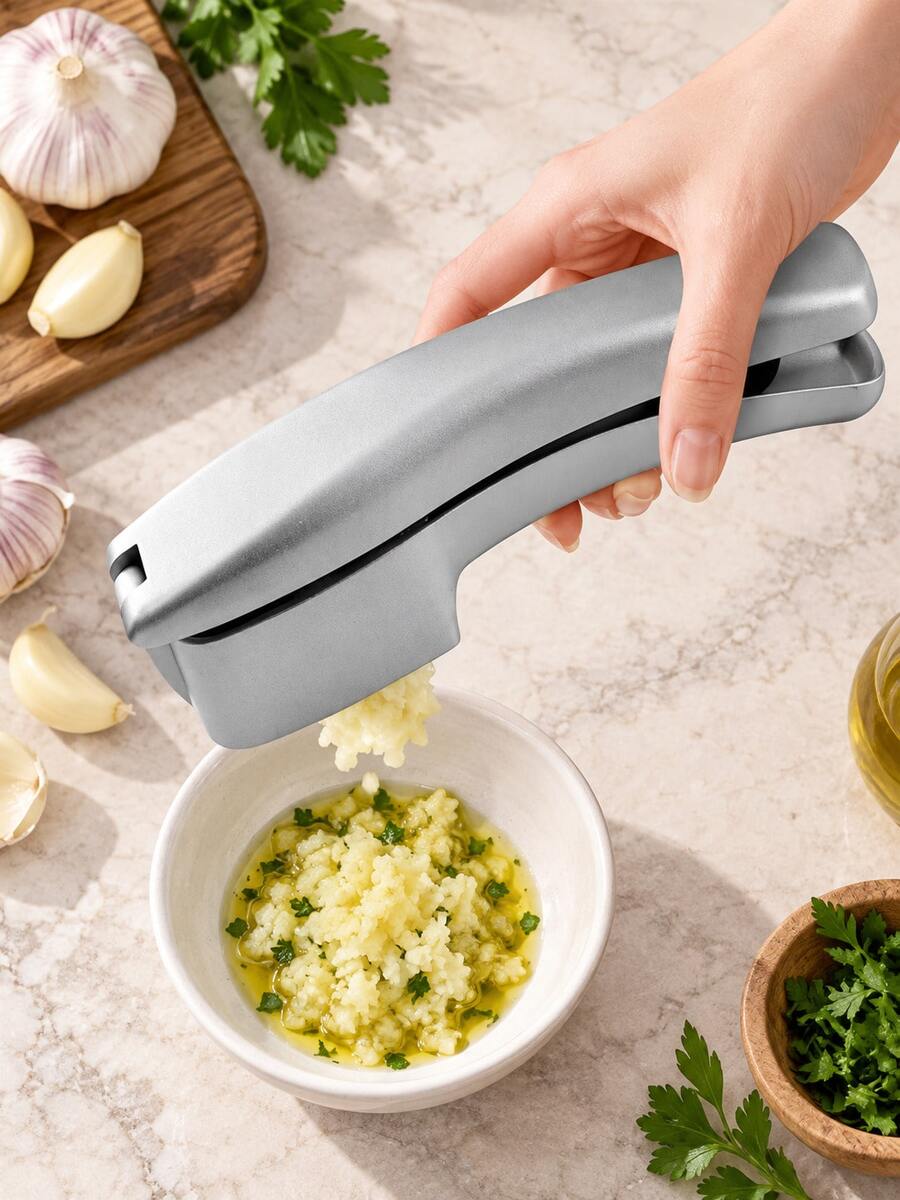 Alat Penghancur dan Pengiris Bawang Putih 2-in-1 dari Paduan Aluminium, Alat Penghancur dan Pengiris Bawang Putih Manual, Alat Persiapan Salad Multifungsi, Cocok untuk Bawang Putih, Sayuran, dan Persiapan Makanan, Aksesori Memasak Dapur