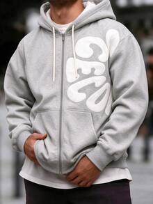 1pc Men's Casual Grey Zip-Up Hoodie Sweatshirt, Side 3D Letter Decor, Drawstring Hood With Front Kangaroo Pocket, Ribbed Cuffs Long Sleeve, Gift For Boyfriend - Light Grey - View 3