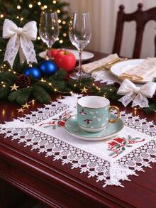2/4/6pcs Christmas White & Red Embroidered Placemats, Polyester Fiber Rectangular Table Mats, Suitable For Dining Table, Coffee Table, Tea Table, Daily Home Decor, Vase Mat, Wedding, Christmas Holiday Decoration, Holiday Party, Daily Home Decoration - Red - View 5