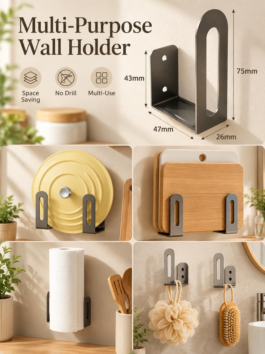 2/4pcs No-Drill Wall-Mounted Storage Rack, Multi-Function Hanging Storage Shelf, Floating Shelf With Adhesive Tape, Suitable For Bathroom, Kitchen And Bedroom Clutter Storage - Black - View 1