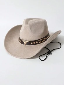 1pc Women Western Cowboy Hat, Bull Head Rivet Belt Decor Wide Brim Hat With Wind Rope, Vintage Cowgirl Hat For Daily Party - Top Hat - View 13