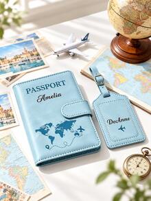 Custom Engraved Passport Cover And Luggage Tag Set, Personalized PU Leather Passport Holder, World Map Travel Document Protector, Customized Name Travel Gift, Suitable For Holiday Travel - Multicolor - View 4