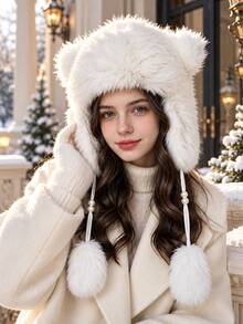 Women's Fluffy Bear Ear Trapper Hat, Warm Plush Winter Hat With Pom Poms, Cozy Cold Weather Accessory - A - View 2