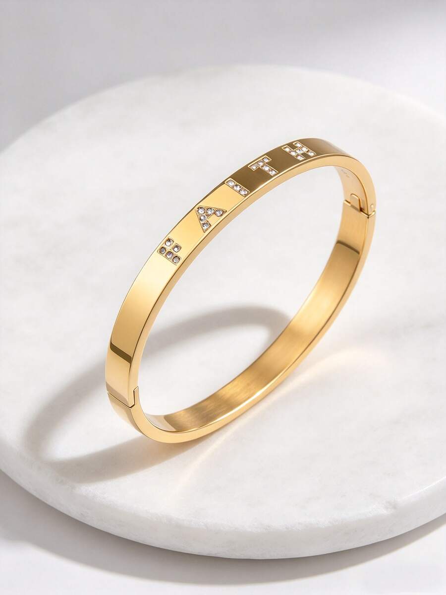 1pc Casual Charming Personalized Fashion Stainless Steel Gold-Plated Rhinestone Inlaid Letter Clasp Bracelet Men's Party Accessory - Gold - View 1
