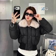 Women's Patchwork Fur Collar Long Sleeve Casual Winter Jacket - Black - View 5