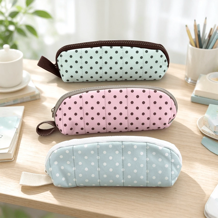 Tempat Pensil Polkadot Cokelat Mint, Gaya Korea Musim Panas, Tempat Pensil Kapasitas Besar - bintik-bintik - View 1