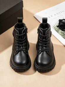 1 Pair Kids Fashion Short Boots, Girls Cream Lace-Up Boots With Side Zipper And Buckle, Suitable For Autumn/Winter - Black - View 3