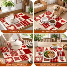1件紅色與白色格子聖誕拼接圖案餐墊，鄉村復古風長方形桌墊，愛心、聖誕樹、襪子、鈕扣與格子拼接印花設計，適用於聖誕節、冬季、廚房、餐桌與節日裝飾 - 彩色 - 查看 8