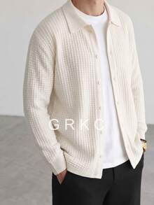 GRKC كارديجان محبوك للرجال بياقة وأزرار، أكمام طويلة، أكتاف منسدلة، ملابس علوية محبوكة كاجوال بطبقات حضرية للخريف/الشتاء - لون مشمشي - مشاهدة 4
