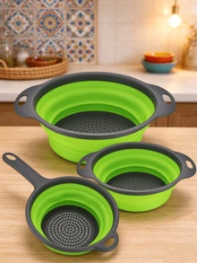 3-Piece Set Of Foldable Silicone Filter Liners, Foldable Food Strainers – Green, In Lengths Of 25 Cm, 30 Cm And 35 Cm - Green - View 1