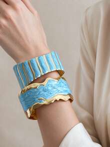 Blue Collection Stainless Steel Enamel Open Adjustable Size Bracelet, Starfish Shell Coral Design, Minimalist Fashion Summer Beach Jewelry, Romantic Personalized Accessory, Clothing Matching Cuff Decoration - Stainless Steel Bracelet Blue Series - View 12