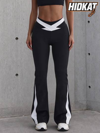 Hidkat Women's Fashion Solid Color Patchwork High Waist Criss-Cross Waist Yoga Casual Sports Knit Long Pants