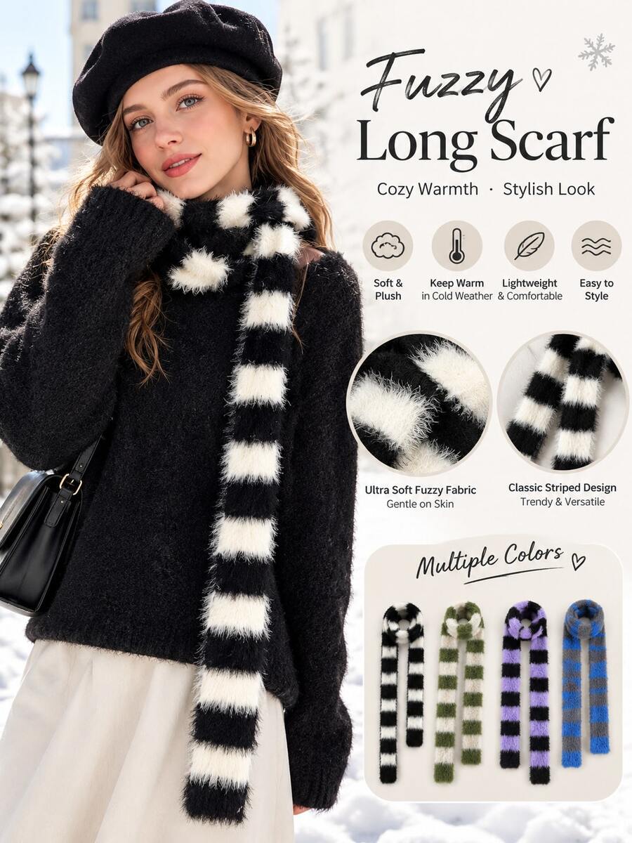 1pc Cute Striped Pattern Doll Style Small Scarf, Spring/Autumn/Winter Fashion Thin Bow Tie Warm Ribbon - Multicolor - View 1