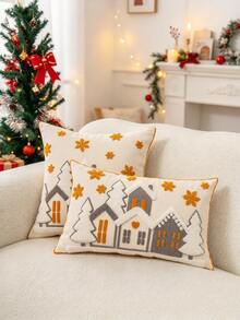1PC Multicolor Christmas Snow House Canvas Pillow Case, Exquisite Embroidery Craftsmanship, Multiple Sizes Available, Pillow Insert Not Included, Suitable For Various Home Decor Scenes, Machine Washable - Multicolor - View 6