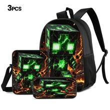 Lava Crack Green Pixel Monster Print 3 Pieces Set Large Capacity Backpack + Crossbody Bag + Pencil Case Adjustable Breathable Shoulder Straps Fashion Pixel Block Game Theme Daily Commute Storage Set - Printed Bag - View 10