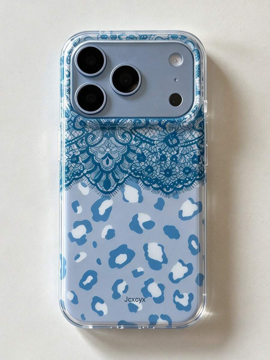 Fashion Burgundy Leopard Lace Phone Case Compatible With IPhone 18 Pro Max 18 Pro 17 Pro Max 17 Pro 17 16 Pro Max 16 Pro 16 15 Pro Max 15 Pro 15 14 Pro Max 14 Pro 14 13 12 11 Pro Max Cute Glossy Shockproof Protective Cover - Blue - View 1