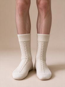 Japanese Style Textured Cable Knit Mid-Calf Socks, Soft Breathable Solid Color Vintage Casual Versatile Cotton Socks For Men - Multicolor - View 1
