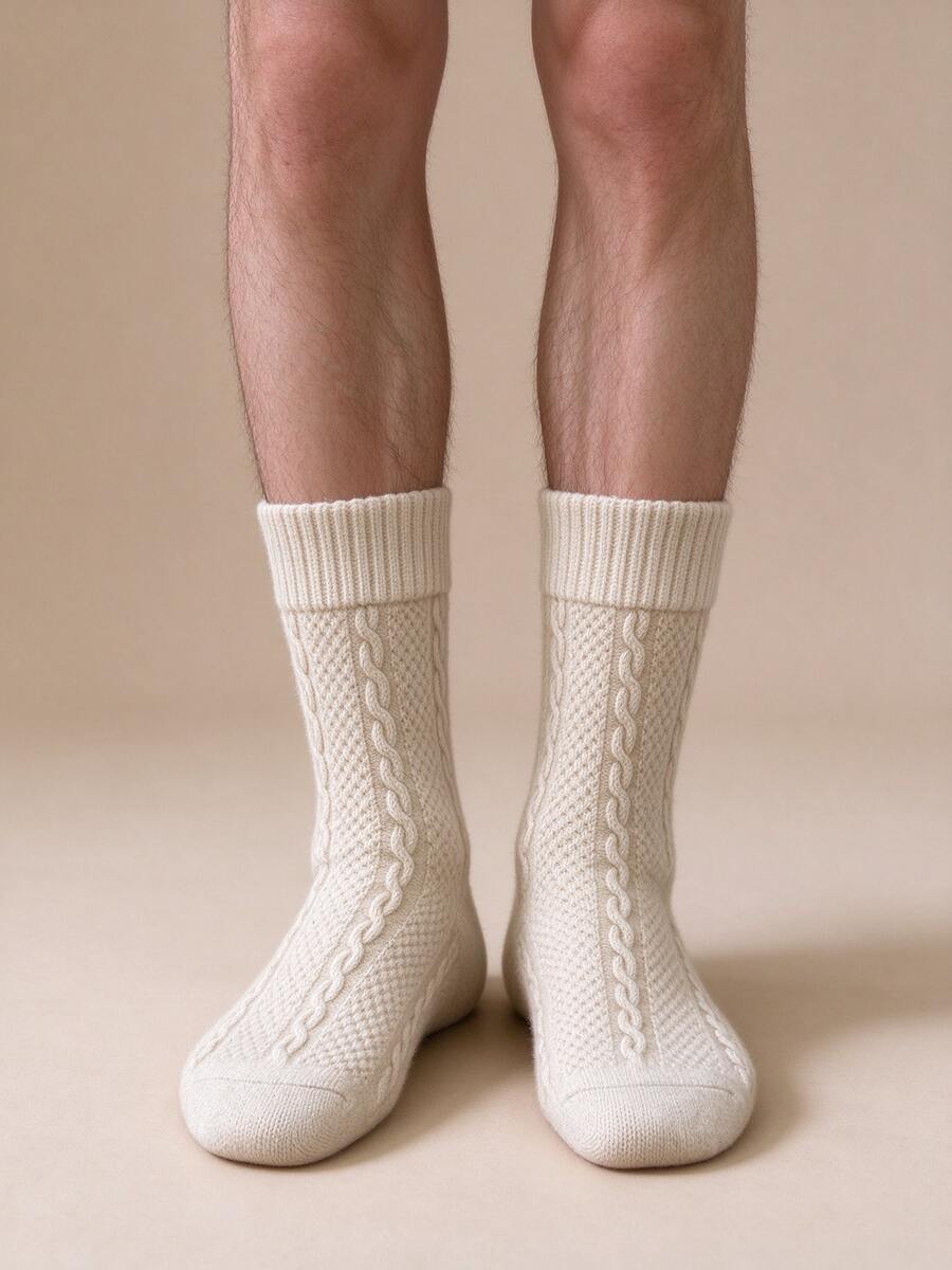 Japanese Style Textured Cable Knit Mid-Calf Socks, Soft Breathable Solid Color Vintage Casual Versatile Cotton Socks For Men - Multicolor - View 1