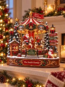 Christmas Rotating Carousel Wooden Block Ornament, 3D-Style Holiday Village Design, Santa Claus Rotating Carousel, Personalized Home Keepsake, Flat Shelf Decor - Multicolor - View 3