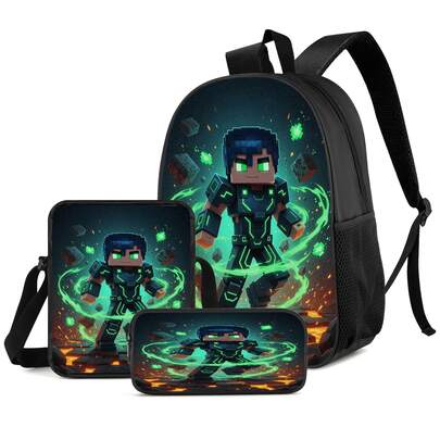 Green Light Armor Pixel Warrior Lava Block Print 3 Pieces Set, Large Capacity Backpack + Crossbody Bag + Pencil Case, Adjustable Breathable Shoulder Straps, Gaming Pixel Style Theme For Daily Commute And Storage