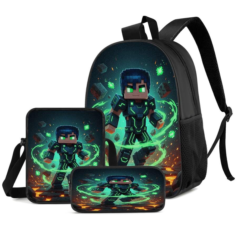 Green Light Armor Pixel Warrior Lava Block Print 3 Pieces Set, Large Capacity Backpack + Crossbody Bag + Pencil Case, Adjustable Breathable Shoulder Straps, Gaming Pixel Style Theme For Daily Commute And Storage - Printed Bag - View 1
