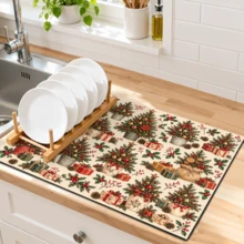 1pc Beige Christmas Tree & Gift Pattern Placemat, Warm Vintage Christmas Style Rectangular Table Mat, Christmas Tree, Gift Box, Pine Branch, Red Berry & Pine Cone Full Print Design, Suitable For Christmas, Winter, Dining Table, Kitchen & Holiday Home Decor - Multicolor - View 11