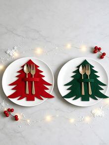 2pcs Christmas Tree Shaped Cutlery Holder, Flat Tableware Storage Decor, Suitable For Holiday Table Decoration And Setting, Christmas Gift Set (No Cutlery Included) - Multicolor - View 5