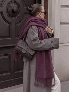 1件女款休閒純色羊絨圍巾，適合冬季早晚外出，保暖防寒 - 深紫色 - 查看 4