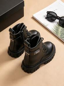 1 Pair Kids Fashion Short Boots, Girls Cream Lace-Up Boots With Side Zipper And Buckle, Suitable For Autumn/Winter - Black - View 5