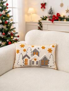 1PC Multicolor Christmas Snow House Canvas Pillow Case, Exquisite Embroidery Craftsmanship, Multiple Sizes Available, Pillow Insert Not Included, Suitable For Various Home Decor Scenes, Machine Washable - Multicolor - View 9