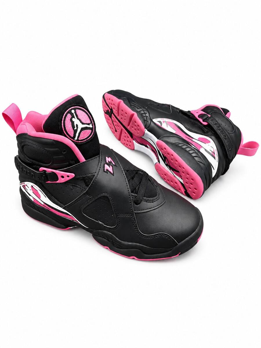 Nike Air Jordan 8 Mid Big Kids Practical Wear-Resistant Air Cushion Shock Absorption Basketball Shoes - Black - View 1