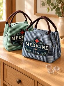1pcsVintage Medicine Bag, Striped Tote Lunch Bag, Large Capacity Laptop Storage Bag, Zippered Toiletry Makeup Bag For Work, Travel, Business Tri/Set - Multicolor - View 1