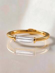 1pc 18K Gold Plated Single Rectangular Zirconia Bezel Set Ring, Minimalist Stackable Ring, Gift For Women And Girls For Daily Wear, Party And Holiday - Yellow Gold - View 1