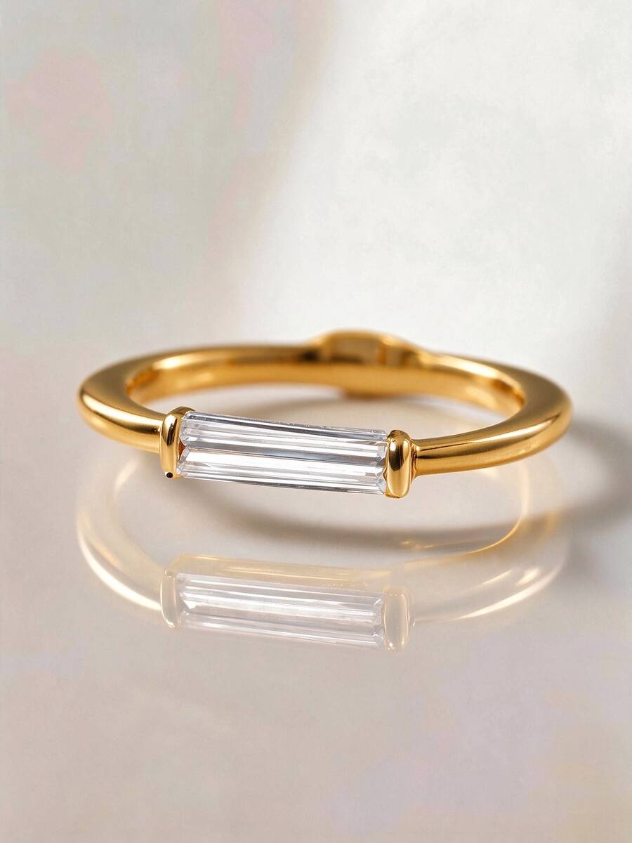1pc 18K Gold Plated Single Rectangular Zirconia Bezel Set Ring, Minimalist Stackable Ring, Gift For Women And Girls For Daily Wear, Party And Holiday - Yellow Gold - View 1