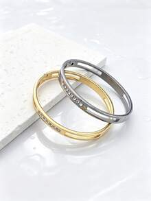 1pc Elegant Charming Personalized Fashion Stainless Steel Gold-Plated Hollow Geometric Rhinestone Inlaid Snap Bracelet, Men's Party Gift Choice - Style 1 - View 5